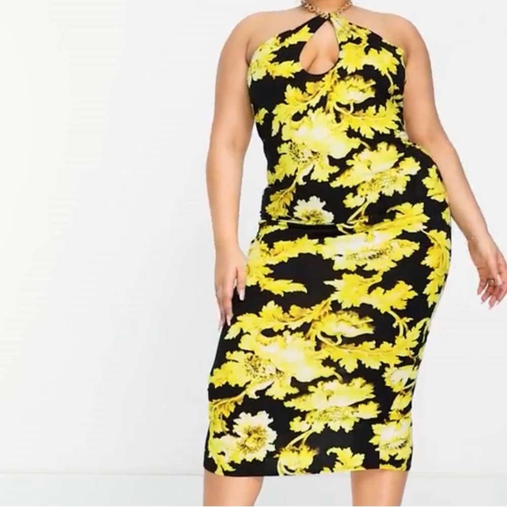 Black & yellow floral backless midi curve chain halter dress